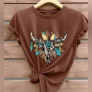 Shein‎ Western Bull Skull Graphic Tee Brown Short Sleeve T-Shirt